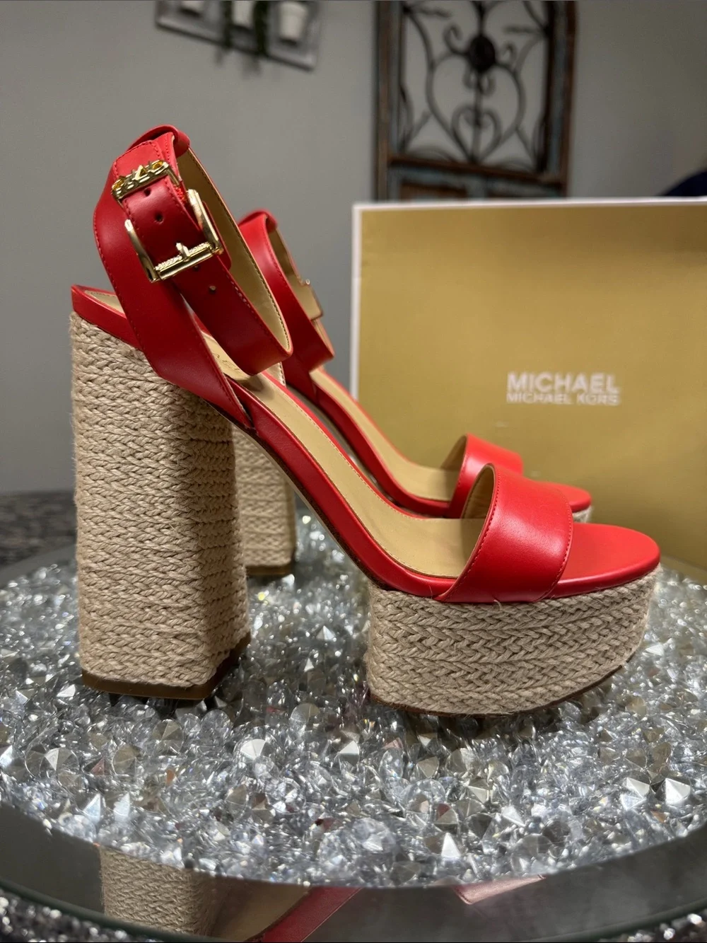 Michael Kors leather coral Red Platform Espadrille Heels with Gold Buckle logo